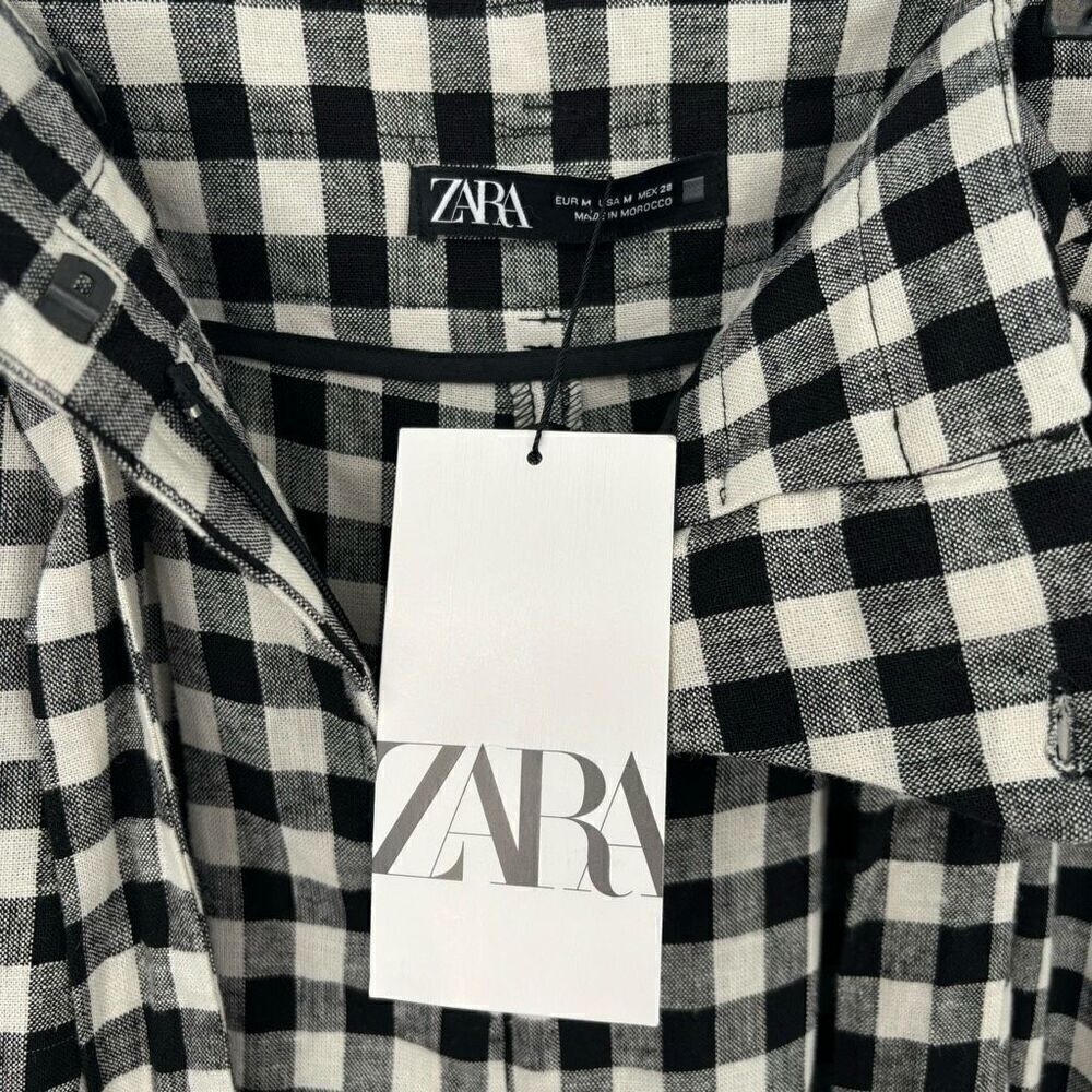 Zara Black & White Check Linen Blend‎ Paper Bag Tie Waist Shorts Medium NWT - Picture 4 of 10
